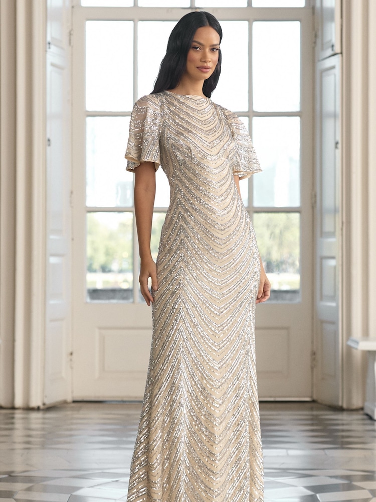 Lipsy Champagne Gold Petite Sequin Cowl Neck Reversible Bridesmaid Dress - Image 1 of 4