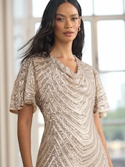 Lipsy Champagne Gold Petite Sequin Cowl Neck Reversible Bridesmaid Dress - Image 2 of 4