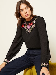 Love & Roses Black Embroidery High Neck Lace Trim Long Sleeve Blouse - Image 1 of 2