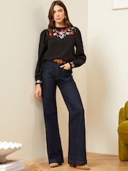 Love & Roses Black Embroidery High Neck Lace Trim Long Sleeve Blouse - Image 2 of 2