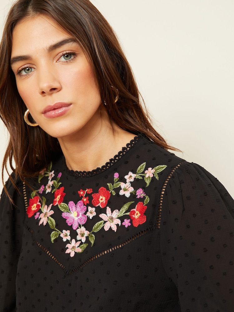 Love & Roses Black Embroidery Petite High Neck Lace Trim Long Sleeve Blouse - Image 2 of 4 Love & Roses Black Embroidery Petite High Neck Lace Trim Long Sleeve Blouse - Image 2 of 4