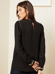 Love & Roses Black Embroidery Petite High Neck Lace Trim Long Sleeve Blouse - Image 3 of 4