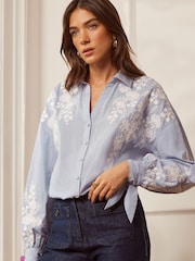 Love & Roses Blue Stripe Embroidery Petite Button Through V Neck Tie Cuff Shirt - Image 1 of 4