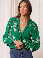Love & Roses Green Floral Petite Ric Rac Trim Printed V Neck Shirt - Image 1 of 4