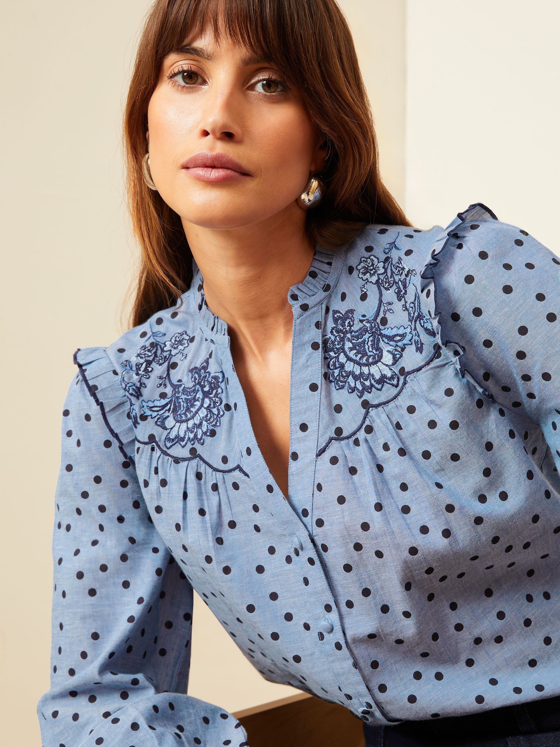 Buy Love & Roses Blue Ruffle Neck Long Sleeve Embroidered Blouse from Next  Luxembourg