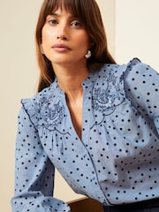 Love & Roses Blue Ruffle Neck Long Sleeve Embroidered Blouse - Image 2 of 4