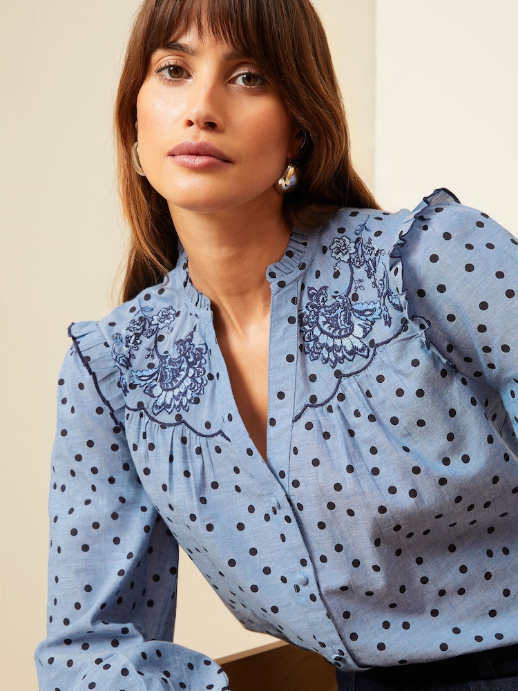 Love & Roses Blue Ruffle Neck Long Sleeve Embroidered Blouse - Image 2 of 4