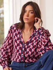 Love & Roses Pink Heart Petite Ric Rac Trim Printed V Neck Shirt - Image 1 of 4