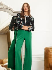 Love & Roses Black Floral Printed Tipped 3/4 Sleeve Keyhole Blouse - Image 2 of 4