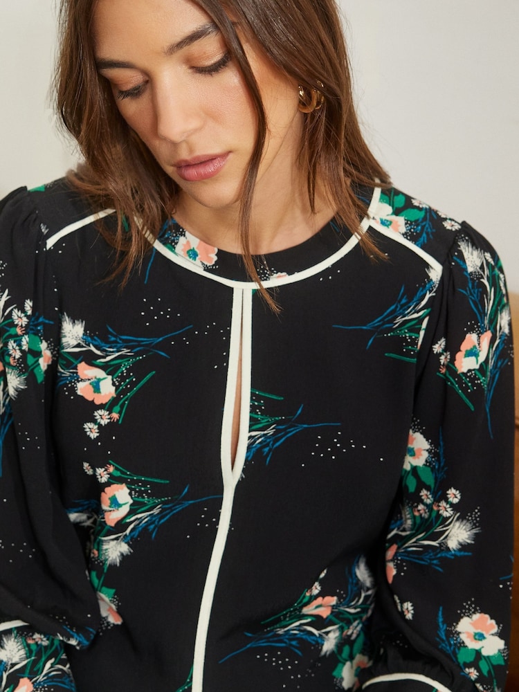 Love & Roses Black Floral Printed Tipped 3/4 Sleeve Keyhole Blouse - Image 4 of 4