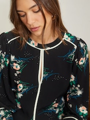 Love & Roses Black Floral Petite Printed Tipped 3/4 Sleeve Keyhole Blouse - Image 4 of 4