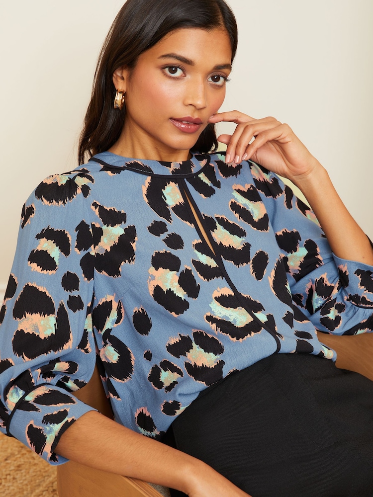 Love & Roses Blue Animal Printed Tipped 3/4 Sleeve Keyhole Blouse - Image 1 of 4