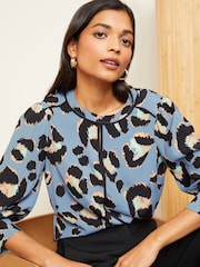 Love & Roses Blue Animal Printed Tipped 3/4 Sleeve Keyhole Blouse - Image 2 of 4