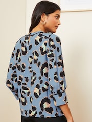 Love & Roses Blue Animal Printed Tipped 3/4 Sleeve Keyhole Blouse - Image 3 of 4