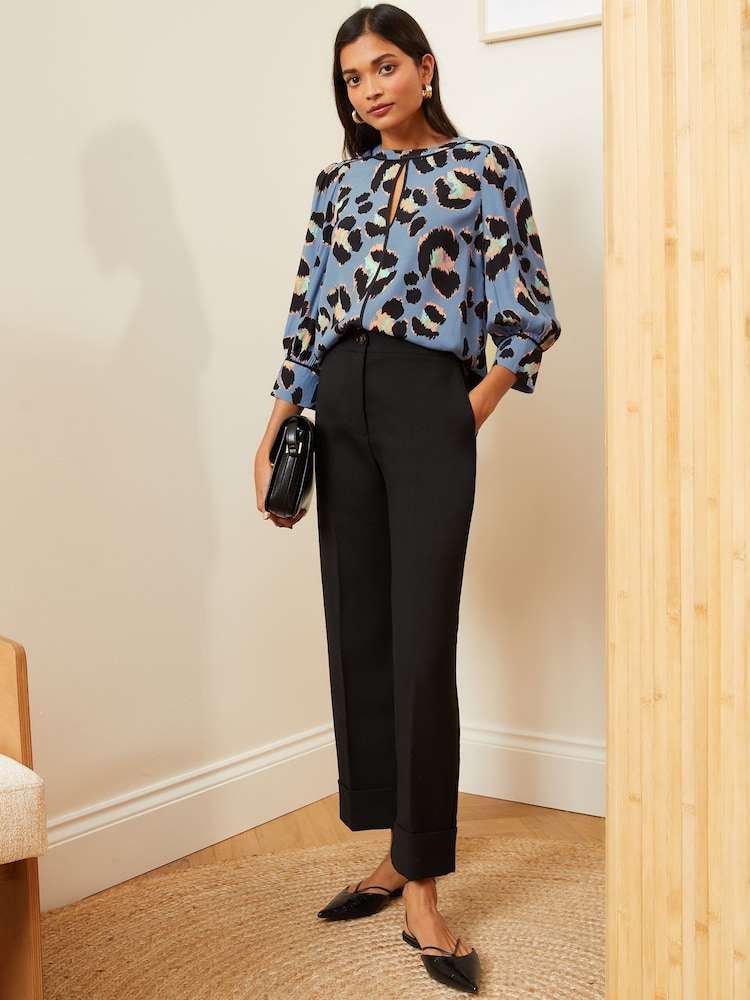 Love & Roses Blue Animal Printed Tipped 3/4 Sleeve Keyhole Blouse - Image 4 of 4