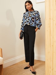 Love & Roses Blue Animal Petite Printed Tipped 3/4 Sleeve Keyhole Blouse - Image 3 of 4