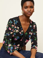 Love & Roses Black Floral V Neck Ruched 3/4 Sleeve Jersey Blouse - Image 1 of 4