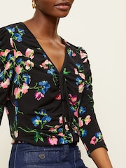 Love & Roses Black Floral V Neck Ruched 3/4 Sleeve Jersey Blouse - Image 2 of 4