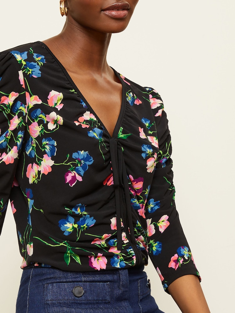 Love & Roses Black Floral V Neck Ruched 3/4 Sleeve Jersey Blouse - Image 2 of 4
