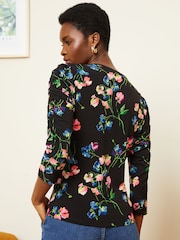 Love & Roses Black Floral V Neck Ruched 3/4 Sleeve Jersey Blouse - Image 3 of 4