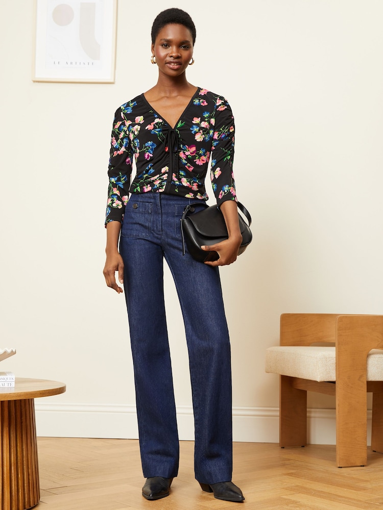 Love & Roses Black Floral V Neck Ruched 3/4 Sleeve Jersey Blouse - Image 4 of 4