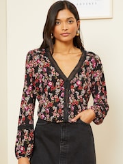 Love & Roses Black And Red Ditsy Floral Petite Jersey V Neck Long Sleeve Lace Insert Blouse - Image 1 of 4