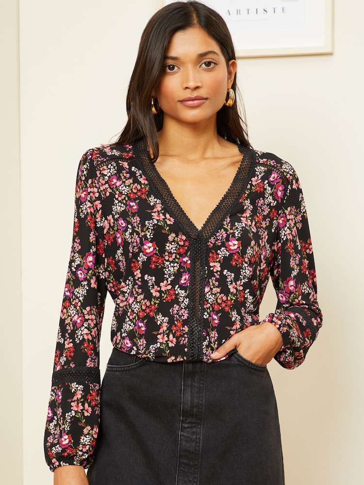 Love & Roses Black And Red Ditsy Floral Petite Jersey V Neck Long Sleeve Lace Insert Blouse - Image 1 of 4