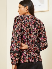Love & Roses Black And Red Ditsy Floral Petite Jersey V Neck Long Sleeve Lace Insert Blouse - Image 3 of 4