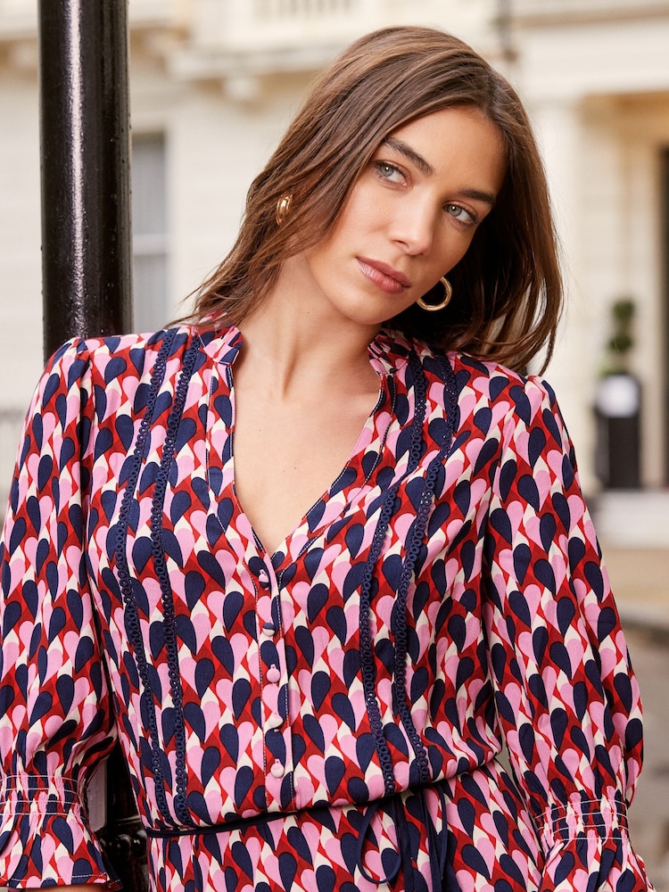 Love & Roses Red and Pink Heart Printed V Neck Lace Trim Tiered Shirt Midi Dress - Image 2 of 4