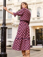 Love & Roses Red and Pink Heart Printed V Neck Lace Trim Tiered Shirt Midi Dress - Image 3 of 4