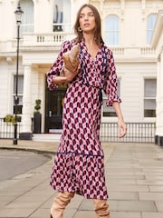 Love & Roses Red and Pink Heart Printed V Neck Lace Trim Tiered Shirt Midi Dress - Image 4 of 4