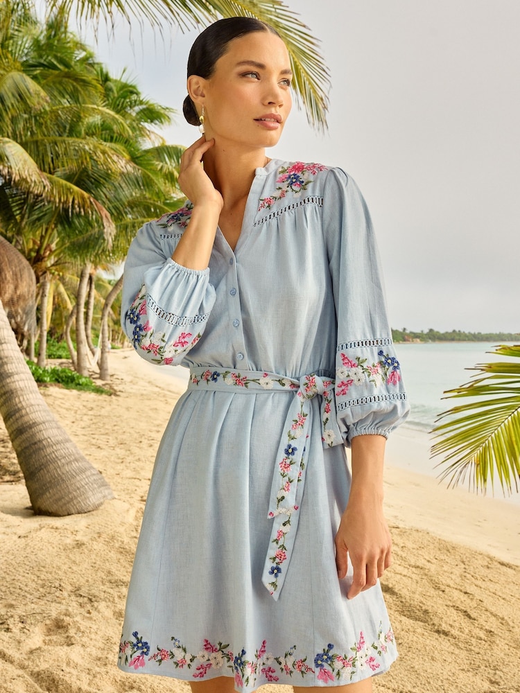 V&A | Love & Roses Blue Embroidery Linen Blend V Neck Lace Trim Belted Mini Dress - Image 1 of 4