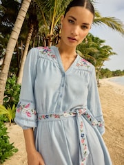 V&A | Love & Roses Blue Embroidery Linen Blend V Neck Lace Trim Belted Mini Dress - Image 2 of 4