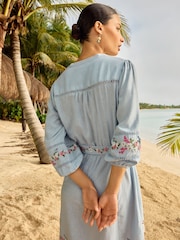 V&A | Love & Roses Blue Embroidery Linen Blend V Neck Lace Trim Belted Mini Dress - Image 3 of 4