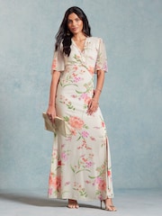 Love & Roses Ivory White Twist Front Flutter Sleeve Lace Insert Maxi Dress - Image 1 of 4