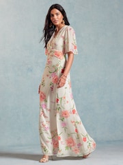 Love & Roses Ivory White Twist Front Flutter Sleeve Lace Insert Maxi Dress - Image 4 of 4
