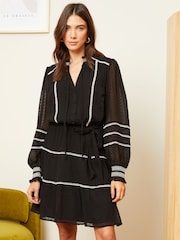 Love & Roses Black and White Contrast Stitch Tie Neck Belted Mini Dress - Image 1 of 4