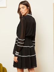 Love & Roses Black and White Contrast Stitch Tie Neck Belted Mini Dress - Image 3 of 4