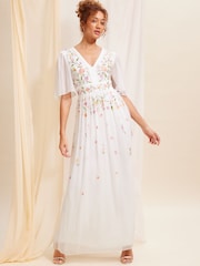Love & Roses Ivory White Embellished Chiffon Flutter Sleeve Maxi Dress - Image 1 of 4