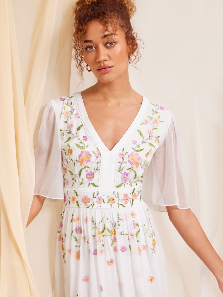 Love & Roses Ivory White Embellished Chiffon Flutter Sleeve Maxi Dress - Image 2 of 4 Love & Roses Ivory White Embellished Chiffon Flutter Sleeve Maxi Dress - Image 2 of 4