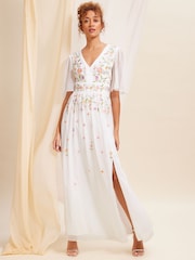 Love & Roses Ivory White Embellished Chiffon Flutter Sleeve Maxi Dress - Image 4 of 4