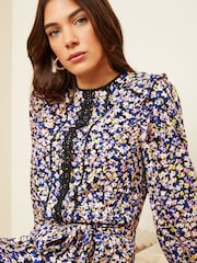 Love & Roses Navy Blue Ditsy Printed Pintuck Lace Detail Belted Mini Dress - Image 2 of 4
