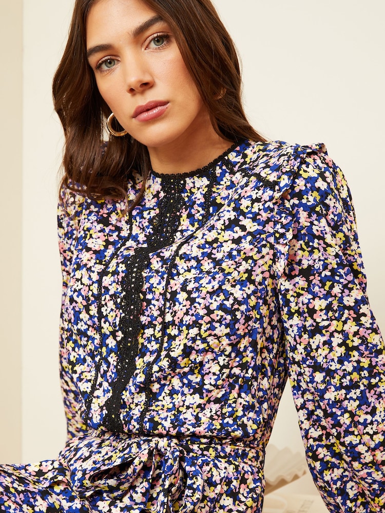 Love & Roses Navy Blue Ditsy Printed Pintuck Lace Detail Belted Mini Dress - Image 2 of 4 Love & Roses Navy Blue Ditsy Printed Pintuck Lace Detail Belted Mini Dress - Image 2 of 4