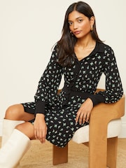 Love & Roses Black Floral Jersey Long Sleeve Mini Shirt Dress - Image 1 of 4
