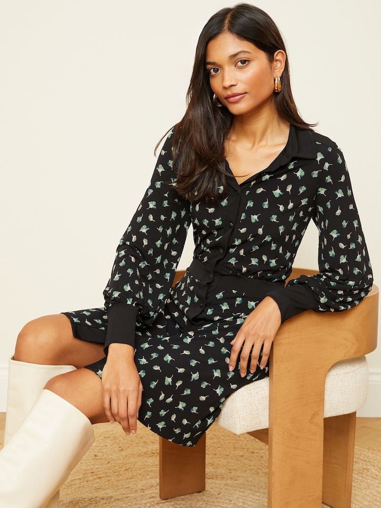 Love & Roses Black Floral Jersey Long Sleeve Mini Shirt Dress - Image 1 of 4