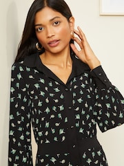 Love & Roses Black Floral Jersey Long Sleeve Mini Shirt Dress - Image 2 of 4