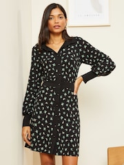 Love & Roses Black Floral Jersey Long Sleeve Mini Shirt Dress - Image 4 of 4