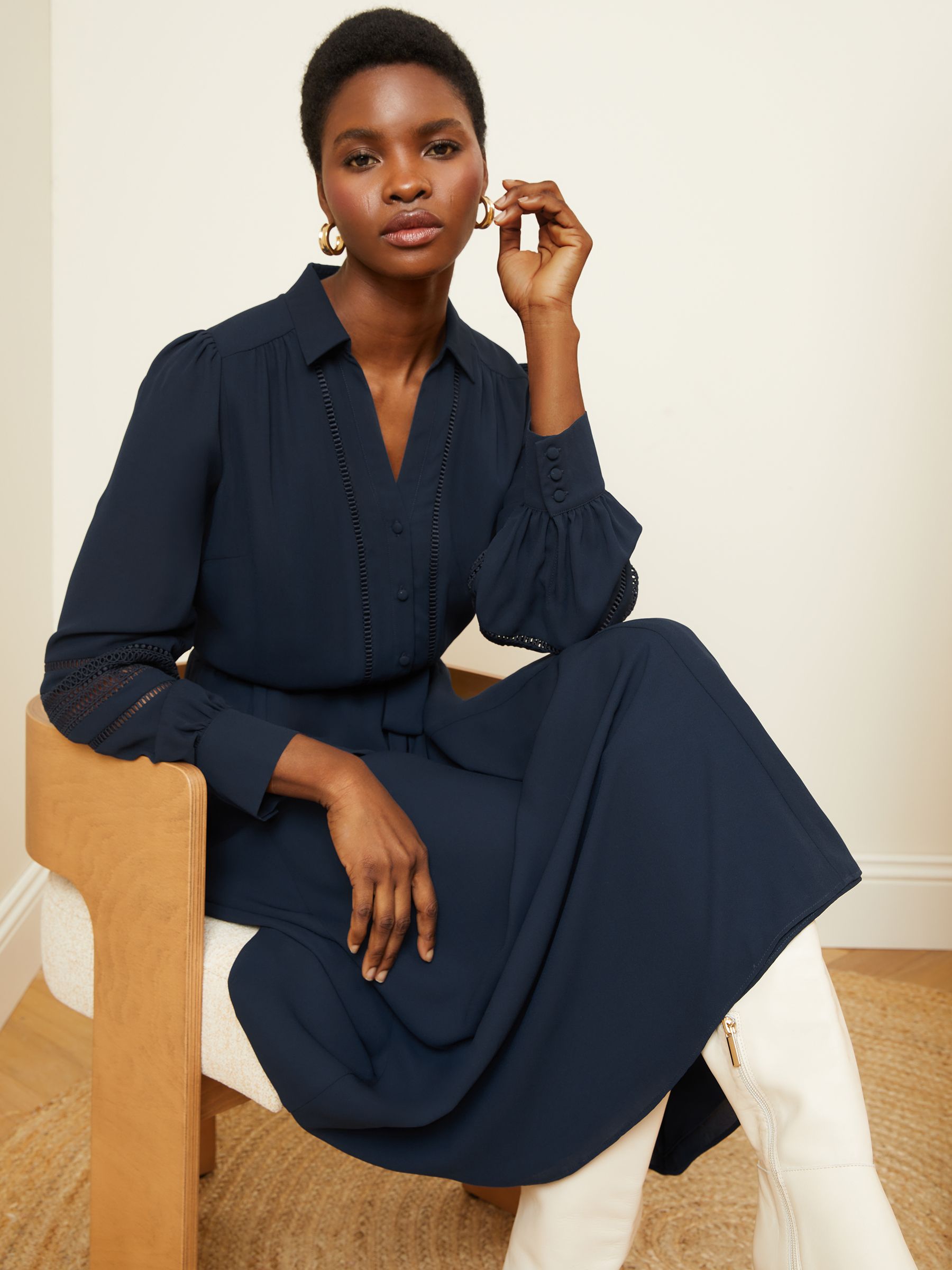Buy Love Roses Navy Blue Lace Trim V Neck Belted Shirt Dress from Next Luxembourg