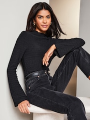 Lipsy Black Textured Wide Sleeve High Neck Rib Top - Image 1 of 4