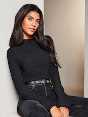 Lipsy Black Textured Wide Sleeve High Neck Rib Top - Image 4 of 4
